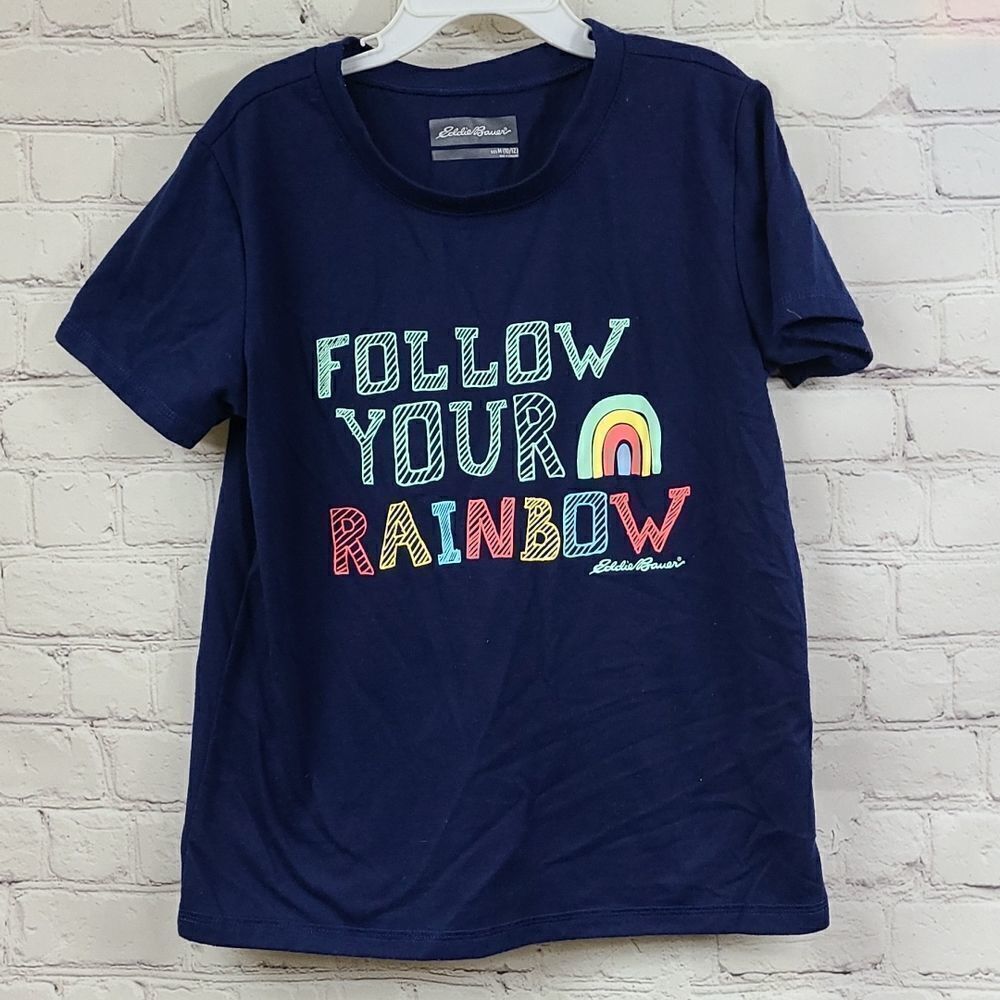 Eddie Bauer Girls M 10/12 Navy Rainbow Graphic Short Sleeve T-Shirt Knit Tee Top